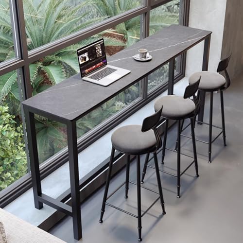 Mesa de bar larga industrial con mesa de pizarra, mesa de comedor de cocina con altura de mostrador, mesa estrecha de bar de patio con soporte de metal, mesa de bar de pie superior de pizarra para uso