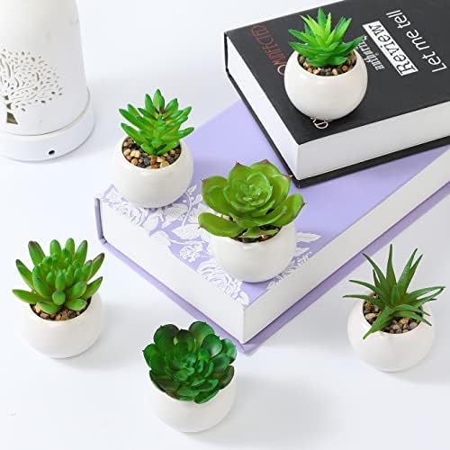 Mini Fake Succulents Pants Indoors Set of 6, Small Artificial Succulents in White Ceramic Pots, Decorative Cute Faux Succulent for Desk Bathroom Shower Living Room Decor Aesthetic Bedroom Home