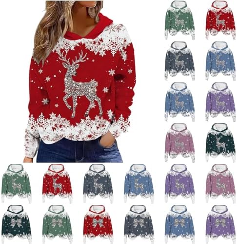Womens Christmas Sequin Hoodie Sweatshirt Glitter Reindeer Shirt Xmas Vacation Graphic Casual Long Sleeve Pullover Tops
