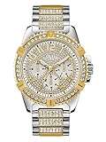 GUESS Stainless Steel + Gold-Tone Crystal Embellished Bracelet Watch with Day, Date + 24 Hour Military/Int'l Time. Color: Silver + Gold-Tone (Model: U0799G4)
