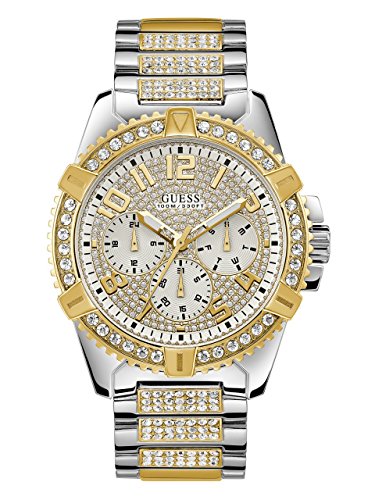 GUESS Stainless Steel + Gold-Tone Crystal Embellished Bracelet Watch with Day, Date + 24 Hour Military/Int'l Time. Color: Silver + Gold-Tone (Model: U0799G4)