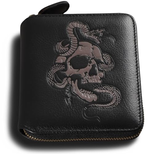 skneephate Mens Wallet Zipper,Skull Men's Leather Wallets With Coin Pocket, Multi-Functional,RFID Blocking,Gifts for Him (black)
