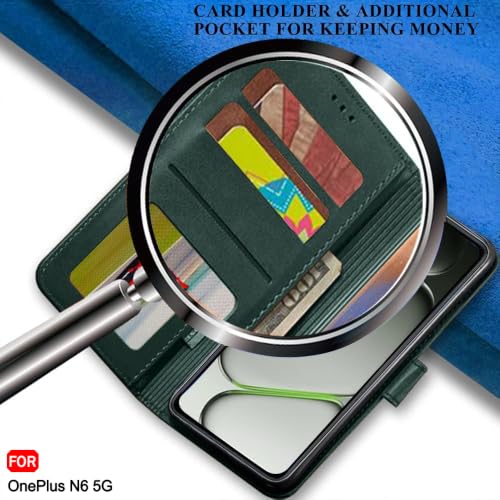 Image of TheGiftKart Genuine Leather Finish Flip Back Cover Case for OnePlus N6 5G | Inbuilt Pockets & Stand | Wallet Style | Designer Button | Flip Back Cover Case for OnePlus N6 5G (Faux Leather, Green)