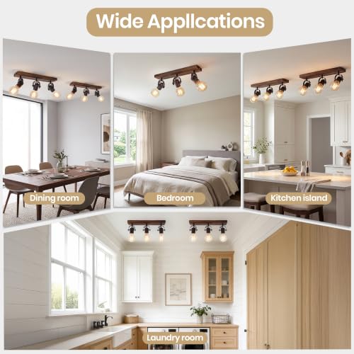 Image of 3-Light Farmhouse Track Lighting Fixture, Light Natural Wood & Matte Black Adjustable Directional Ceiling Spot Light, E26 Base Linear Wood Track Light for Kitchen Hallway Bedroom Laundry Room