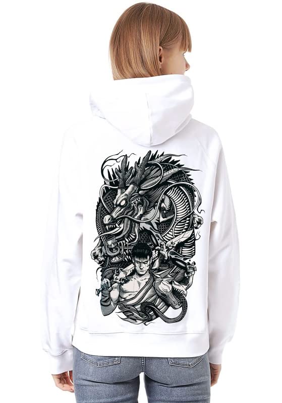Epiko Dragon Printed Unisex Fleece Hooded Sweatshirt White 3