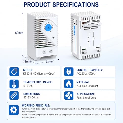 Image of KTS011 Temperature Controller, Compact Electric Mechanical Thermostat Switch Adjustable 0-60℃, Normally Open, Blue Button,