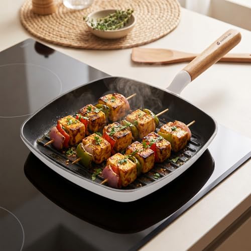 Image of CUMIN CO. Cast Iron Grill Pan | 24 cm, 1.2L | Induction Base Cookware | 10 Year Warranty | Non Toxic Non Stick Pan for Kebab and Tikkas | Chemical Free Coating | Grill Safe | White