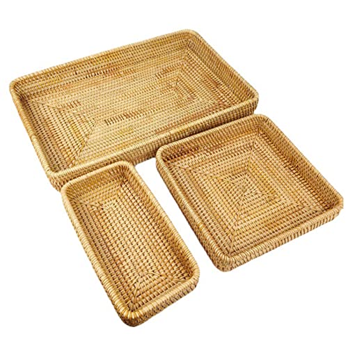Bandeja de Servicio de Ratán, Bandeja Tejida Rectangular Cesta de Mimbre Tejida a Mano Bandeja Organizadora Bandeja de Ratán Organización de Mesa Cesta de Almacenamiento de (Juego de 3 Piezas.)
