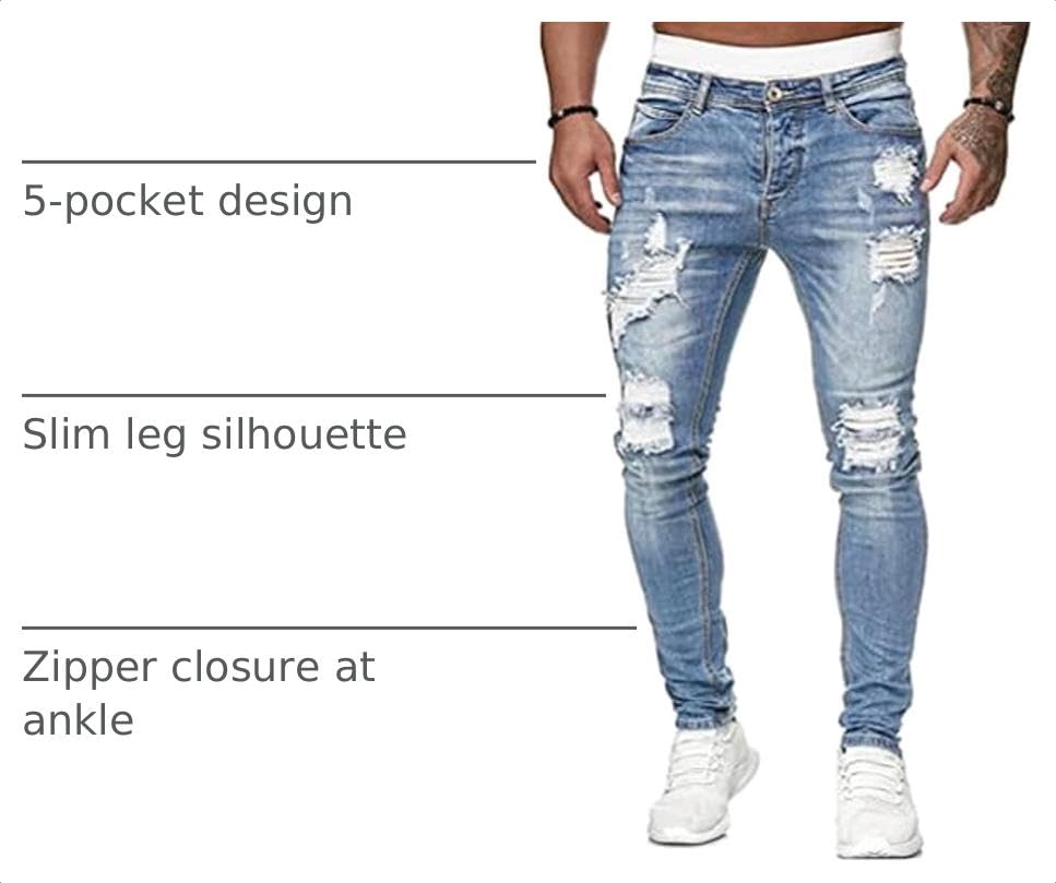 Image of HUNGSON Men's Blue Slim Fit Jeans Stretch Destroyed Ripped Skinny Jeans Side Striped Denim Pants