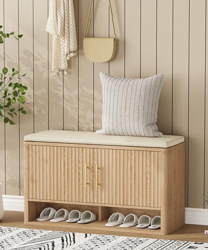 Zeibospri Fluted Shoe Storage Bench with Cushion...