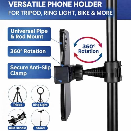 Image of BROLAVIYA 360 Adjustable Mobile Holder for Pipe & Rod Mount, Flexible Gooseneck Phone Clip Bracket, Universal Smartphone Holder for Camera, Tripod, Ring Light, Boom Arm, Black, 1 Piece