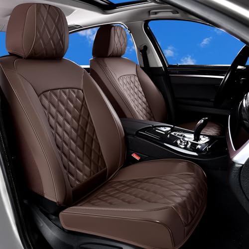 Image of Huidasource Coffee Front Seat Cover, Nappa Leather Front Car Seat Cover, Side Elastic Fabric, Compatible with Airbags, Seat Belts, Universal Fit for Most Cars, Vans, Trucks, SUV (Front Pair /Coffee)