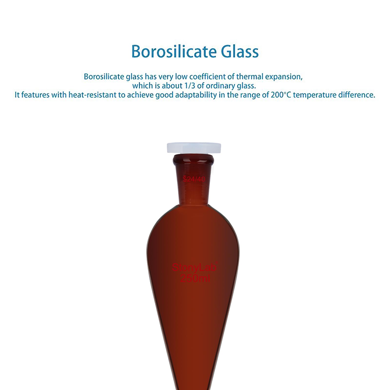 stonylab Entonnoir Séparateur Marron, Forme Conique à Parois Épaisses, Joint Rodé 24/40, Robinet en PTFE, Verrerie de Laboratoire en Verre Borosilicaté, Résistant aux Produits Chimiques, 250 ml