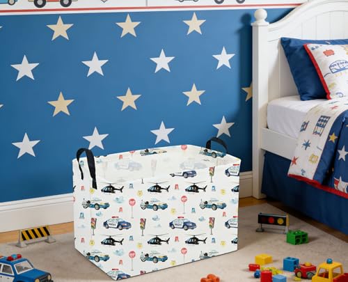 Image of Sanjiaofeng Rectangular Police Car Storage Basket,Boys Toy Storage Bin,Nursery Hamper,Kids Storage Basket with Handles for Car Decor,Home Organizer,Books Box,Gift Baskets(Police Cars)