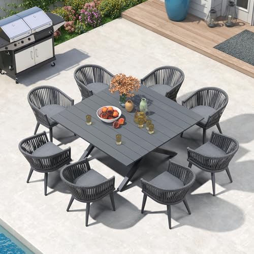 Image of PURPLE LEAF 9 Pieces Outdoor Dining Set with Patio Aluminium Square Dining Table and Wicker Rattan Chairs Modern Furniture Cushions Sets for Backyard Indoor Decor Kitchen Grey