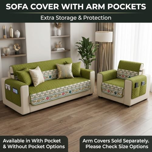 Image of KINGLY Sofa Cover for 4 Seater | Quilted Velvet Seat Cover | Anti-Slip Sofa Mat with Back Elastic | Thick Fabric Sofa Protector | Washable Couch Cover | Olive Green