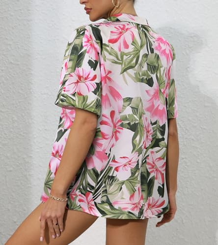 ChainJoy Women's Hawaiian Shirts Short Sleeve Button Down Soft Cool Floral Tropic Print Casual Blouse Tops3
