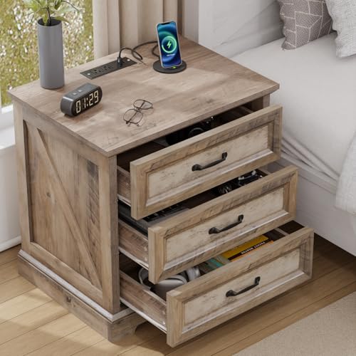 Image of HOMMPA 24'' Farmhouse Nightstand with Charging Station, Bedside Tables with Storage, Side Table with AC Outlets & USB Port, 3 Drawers End Table Dresser, Wood Night Stand for Bedroom, Greige