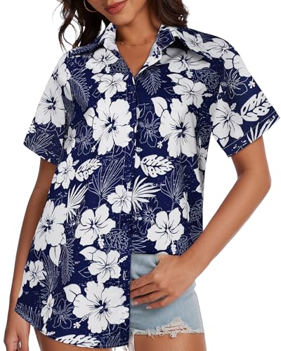Image of Women Hawaiian Shirt Button Down Summer Tops Beach Short Sleeve Blouse
