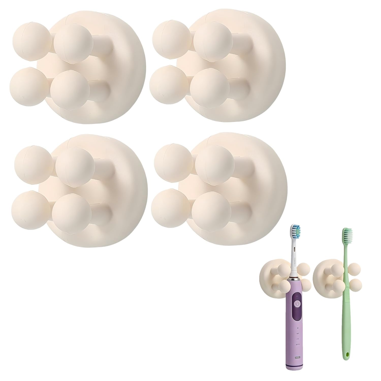 JXAurix 4 Pack Self Adhesive Silicone Utility Hooks 3.5×3.5×3.5cm Cream White, No Drill Wall Holder for Toothbrush Razor Towel Key Plug Cable Bathroom Kitchen Storage