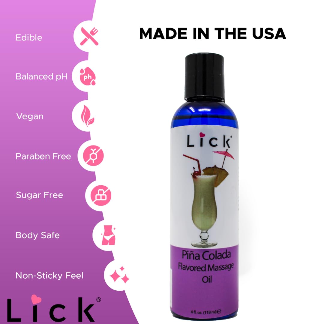 Lick Pina Colada Escape Edible Massage Oil – Tropical, Body Safe, Non-Greasy, Couples, 4 oz