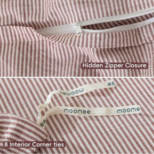 Image of MooMee Striped Duvet Cover Set 100% Washed Cotton Linen Like Queen | Relaxed Linen-like Texture. Soft, Breathable & Long-lasting Comfort. Lightweight. Hidden Zipper with 8 Interior Corner Ties
