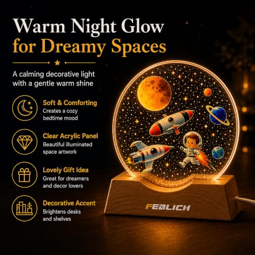 Image of 3D Acrylic LED Night Light - Warm White & Astronaut Boy FIre Design with Durable Plastic Base, Decorative Table Lamp for Bedroom, Living Room, Kids Room, Study & Home Decor Gifting