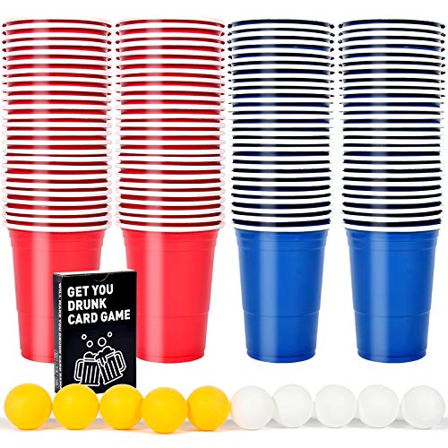 Upchase Beer Pong Becher Sets, Partybecher Trinkspiel,?110+10+Kartenspiel?16oZ 473ml, Bierpong Cups mit Bällen, Plastikbecher Rot und Blau, Lustige Trinkspiele, für Weihnachten Geburtstag Festivals