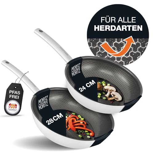 Moritz & Moritz Edelstahlpfannen 24 & 28cm mit Keramikbeschichtung der neuesten Generation - für alle Herdarten geeignet - Antihaft Pfannenset Wabenstruktur zum Kochen, Braten und Schmoren