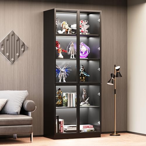 Display Storage Cabinet with Glass Door, LED Lights,Showcase for Collections, Perfume, Vinyl Albums, Bookcase for Home Office, Living Room, Clinic, Pantry (5 Layers-Black)