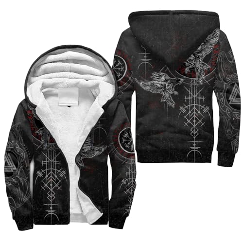 JHBTFQ Nórdico Vikingo Chaqueta para Hombre Cuervo Odín Hugin Munin Impreso en 3D Otoño/Invierno Caliente Sudadera con Cremallera Medieval Regalos,Norse Compass,3XL