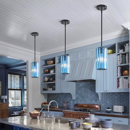 Image of Modern Crystal Pendant Light Mini Light Blue Chandeliers Adjustable Pendant Lights Fixture for Kitchen Island Dinning Room Corridor Bedroom(Light Blue 3-Pack)