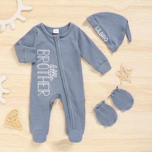 Newborn Baby Boy Fall Winter Outfits Zippered Romper Letter Embroidered Coming Home Jumpsuit with Hat Mittens2