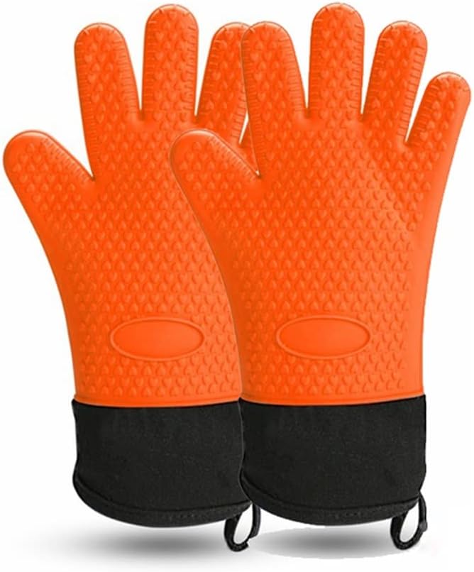 Long Oven Gloves Heat Insulated Finger Gloves Non-Slip Microwave Oven Mitts Gripper Pot Holder BBQ Baking Tool(E)