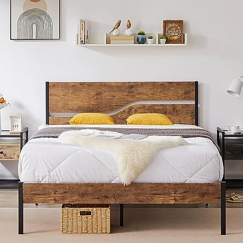 VECELOFull Size Platform Bed Frame with Rustic Wood Headboard, Strong Metal Slats Support No Box Spring Needed, Easy Assembly