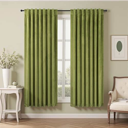 Image of Moss Green Boho Velvet Curtains 63 Inch Length for Boys Bedroom 2 Panels Back Tab Rod Pocket Heavy Duty Heat Cold Blocking Light Dampening Drape for Kitchen Bathroom Laundry Closet Playroom 52x63 Long