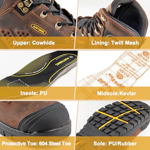 Image of Men's Work Boots, Oiled Nubuck Leather Steel Toes Mens Work Shoes, Non Slip Lace Up Protective Shoes, 8 Inch, Anti-Static, Anti-Puncturing, Anti-Fatigue (AT505, Brown)