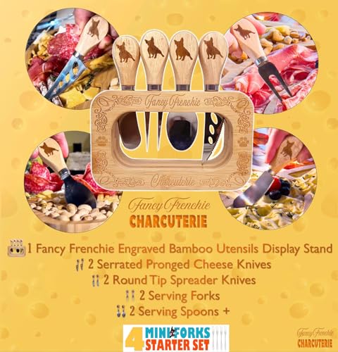 Frenchie The French Bulldog Cheese Board Deluxe Stainless Steel Utensils 12 Set, and Engraved Bamboo Display Stand, Cheese Knives, Forks, Spoons, Spreaders and Mini Forks, Fancy Frenchie Charcuterie