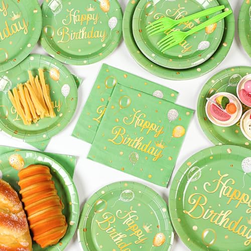 Image of Qyeahkj 100 Pcs Sage Green Birthday Party Supplies Olive Green Gold Paper Plates Napkins Forks Tableware Set Disposable Greenery Happy Birthday Party Decorations for Women Men Girls Favors Serve 25