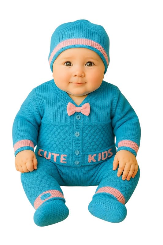 Image of Baby Unisex New Born Baby Boys Girls Soft Comfortable Trendy Woolen Round Neck Stripe Sweater Set with Payjami, Cap and Pair of Booties for Toddlers