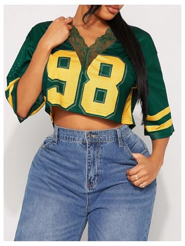 SOLY HUX Women's Number Graphic Tees Lace V Neck Half Sleeve Crop Tops Jersey Shirt Y2k Streetwear3