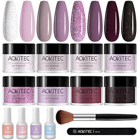 Aokitec 14Pcs Dip Powder Nail Kit Starter 8Colors Collection, Acrylic Dipping Powder Liquid Set with Base Top Coat Activator Brush Saver for French Nails Art Manicure DIY Salon Cover