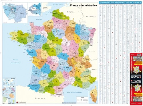 France Administrative, Départements, Régions, Cantons, carte plastifiée