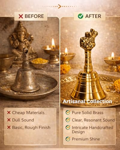 Image of 5- Inch Brass Bell for Pooja Room with Nandi Motif - Handcrafted Solid Brass Ghanti for Pooja, Aarti & Meditation - Premium Spiritual Temple Bell - Durable, Polished Finish
