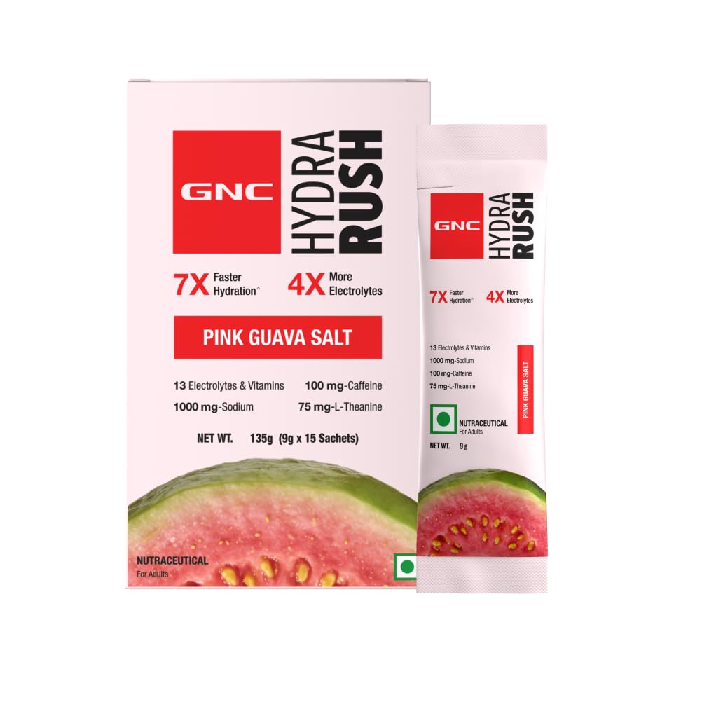 GNC HydraRush | Up to 7X Faster Hydration | Advanced Hypotonic Hydration Formula | 13 Electrolytes, Vitamins + Himalayan Pink Salt | Caffeine + L-Theanine Energy | 0g Sugar Electrolyte Drink for Workout, Running & Summer Hydration | Pink Guava Salt | 9g x 15 sachet-image-7