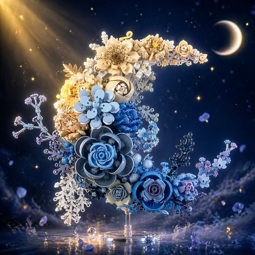 Blue Flowers Moon Building Blocks Set 934 Pcs, Dried Flower Botanicals Collection, Creative Floral Building for Wall Decor, Compatible with Lego Flowers, Artistic Gift with Ages 6+ by TNDCKP - Used condition - US$13.05