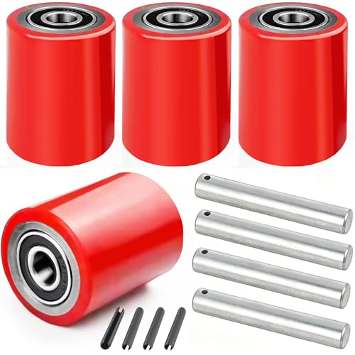 Image of Heavy Duty Pallet Jack Load Wheels Replacement Kit 3 inchx3.75 inch (Red,2 Pair) | Including PU Tread Wheel,Pre-Installed Bearings ID 20mm,Axles(Length 4.8 inch) & Pins, Also for Manual Hand Lift Truck Rear