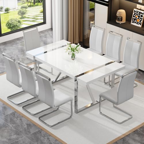 White Dining Table Set for 8,Rectangular MDF Kitchen Table and Leather Dining Chairs Set of 8