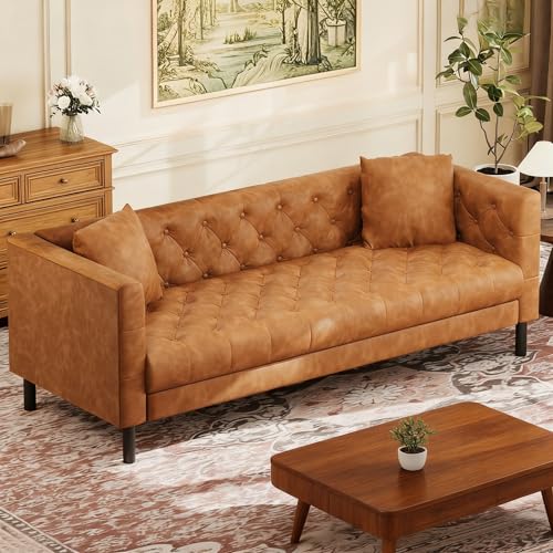 IDEALHOUSE 81" Leather Sofa, Button-Tufted 3 Seater Sofa, Mid-Century Modern Leather Couch with Deep Seat, Chesterfield Sofa for Living Room, Apartment, Office, Cognac Tan