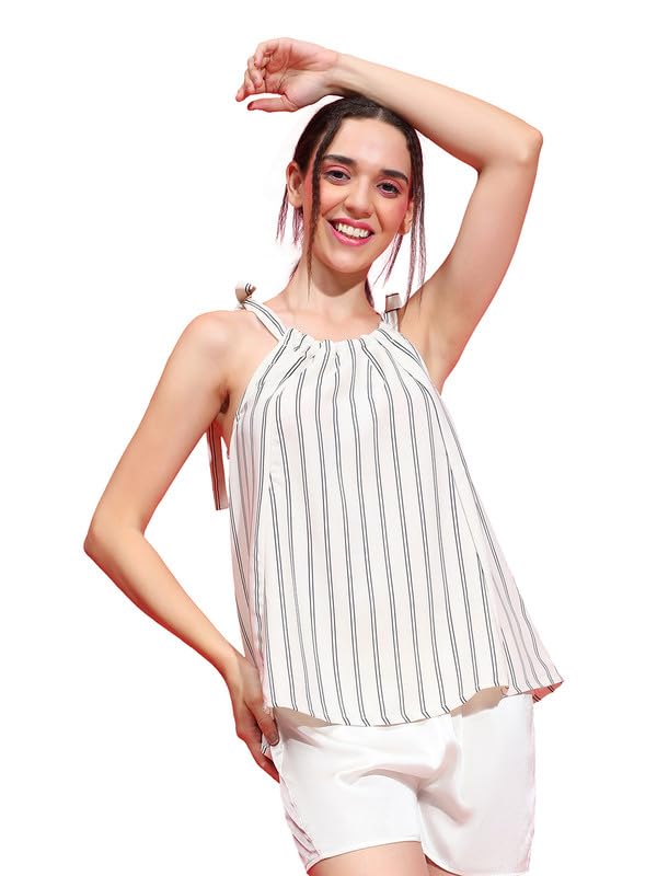 Image of oxolloxo Women Stripe Print Round Neck Shoulder Strap Tie-Knot Detail Sleevless Nightwear Top
